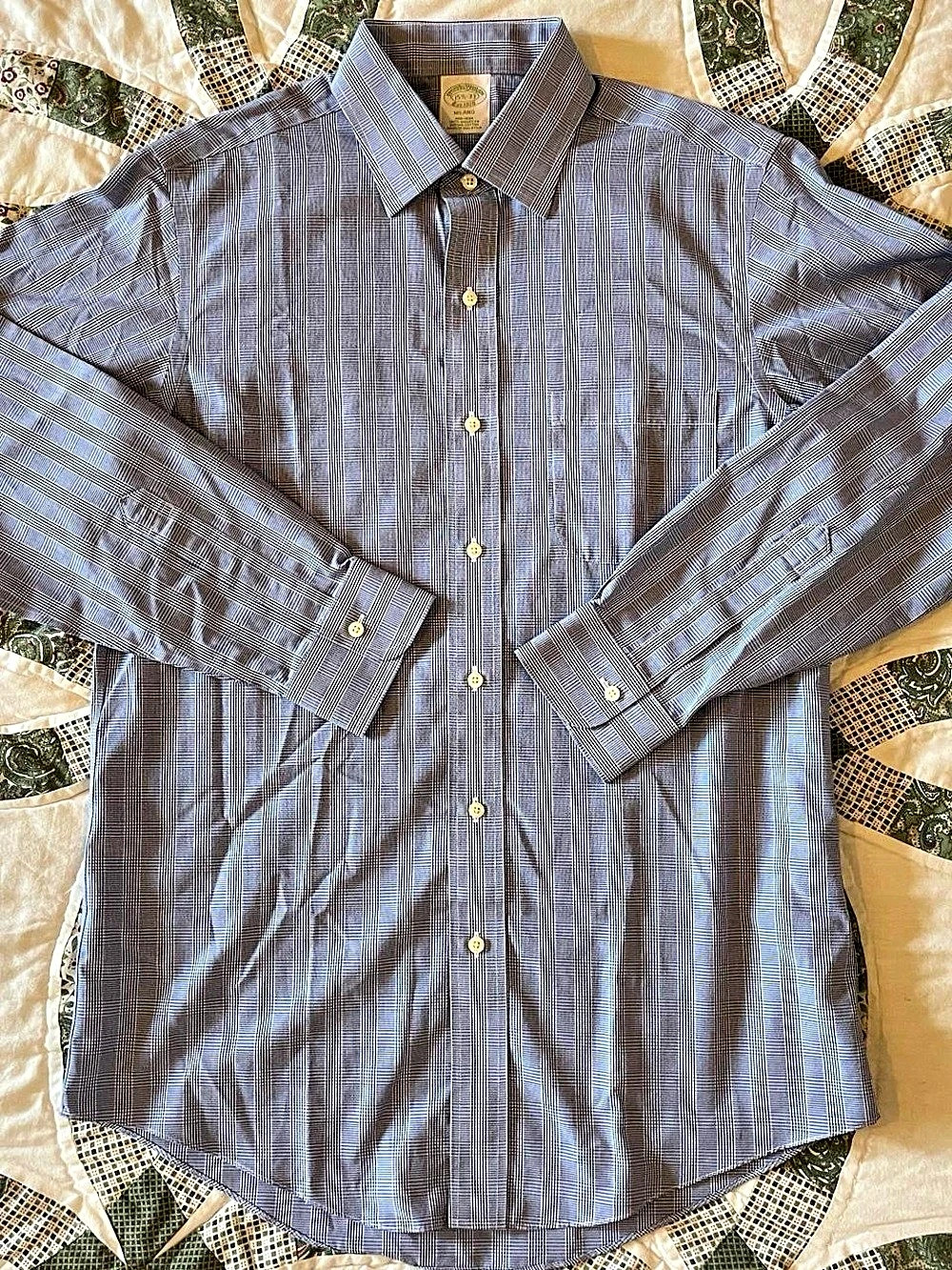 Brooks Brothers Milano Plaid Supima Cotton Button Down Blue White Size 15 1/2 33
